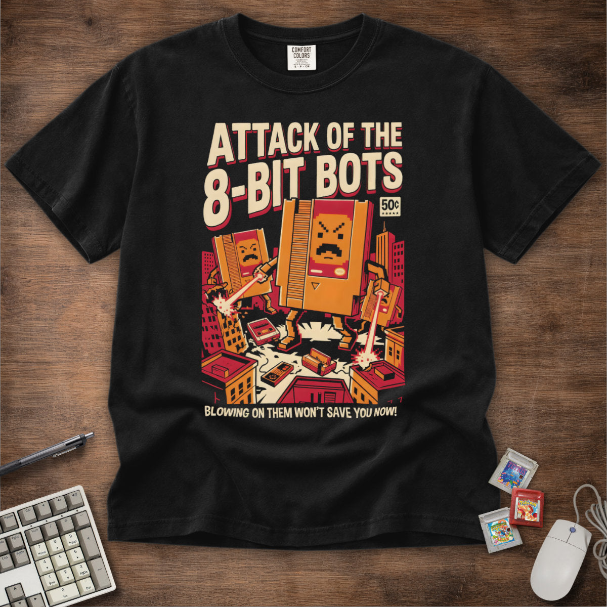 Attack of The 8-Bit Bots Comic Tee